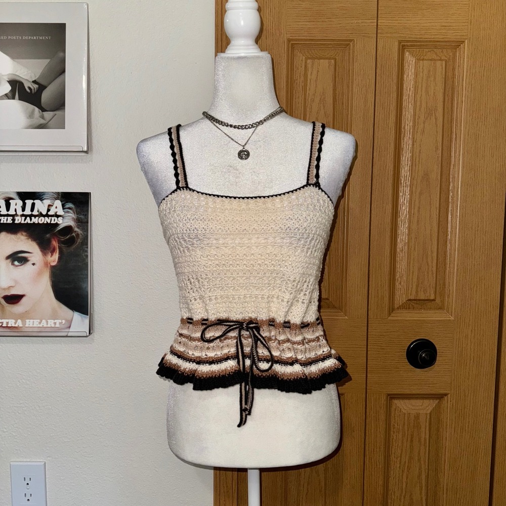 American Eagle Crochet Peplum Camisole Top Cream Brown Black Boho Cotton Small